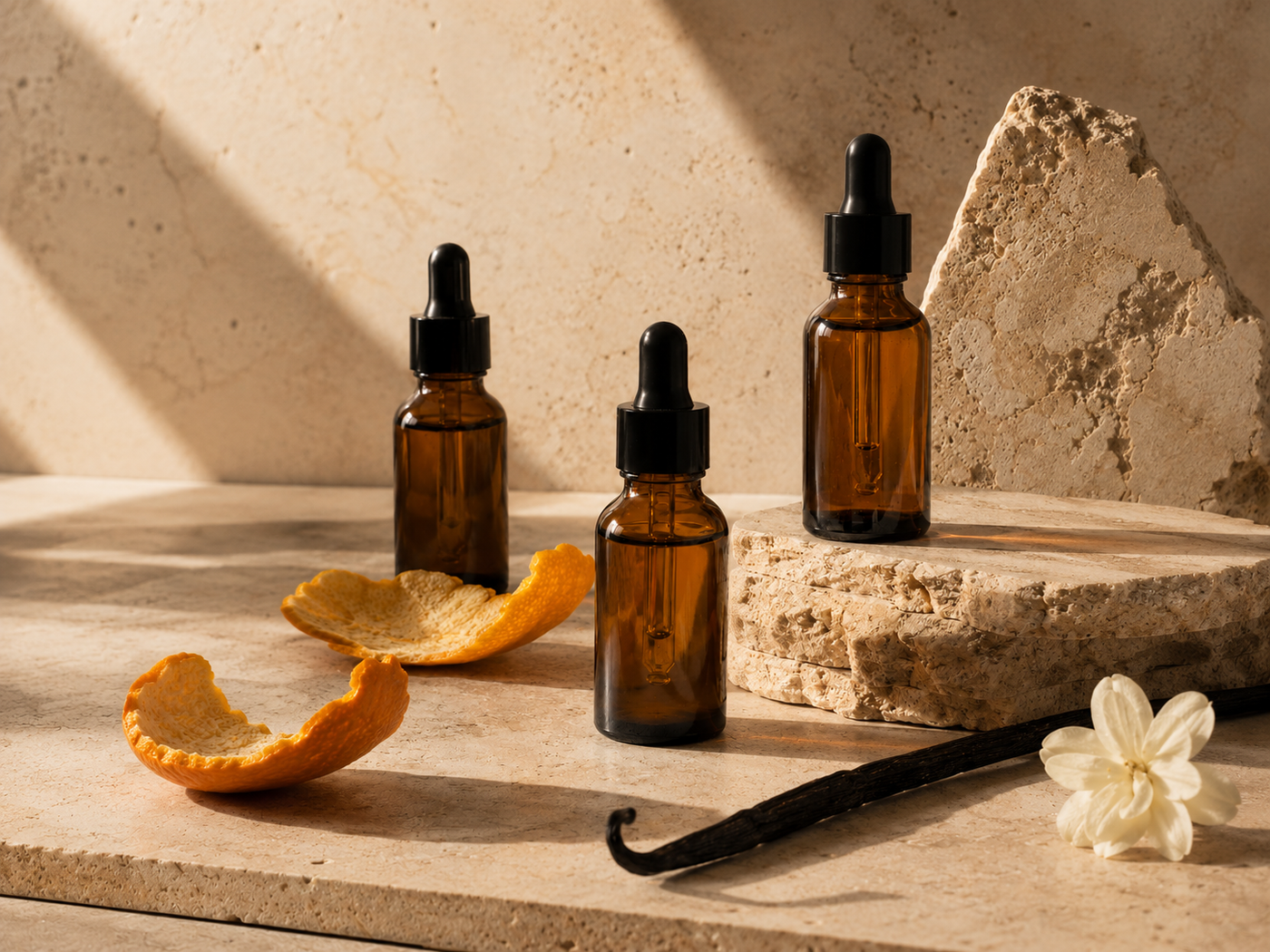Three amber glass dropper bottles with black caps arranged on a stone surface with dried orange peel, a vanilla bean, and a white flower in warm natural light.