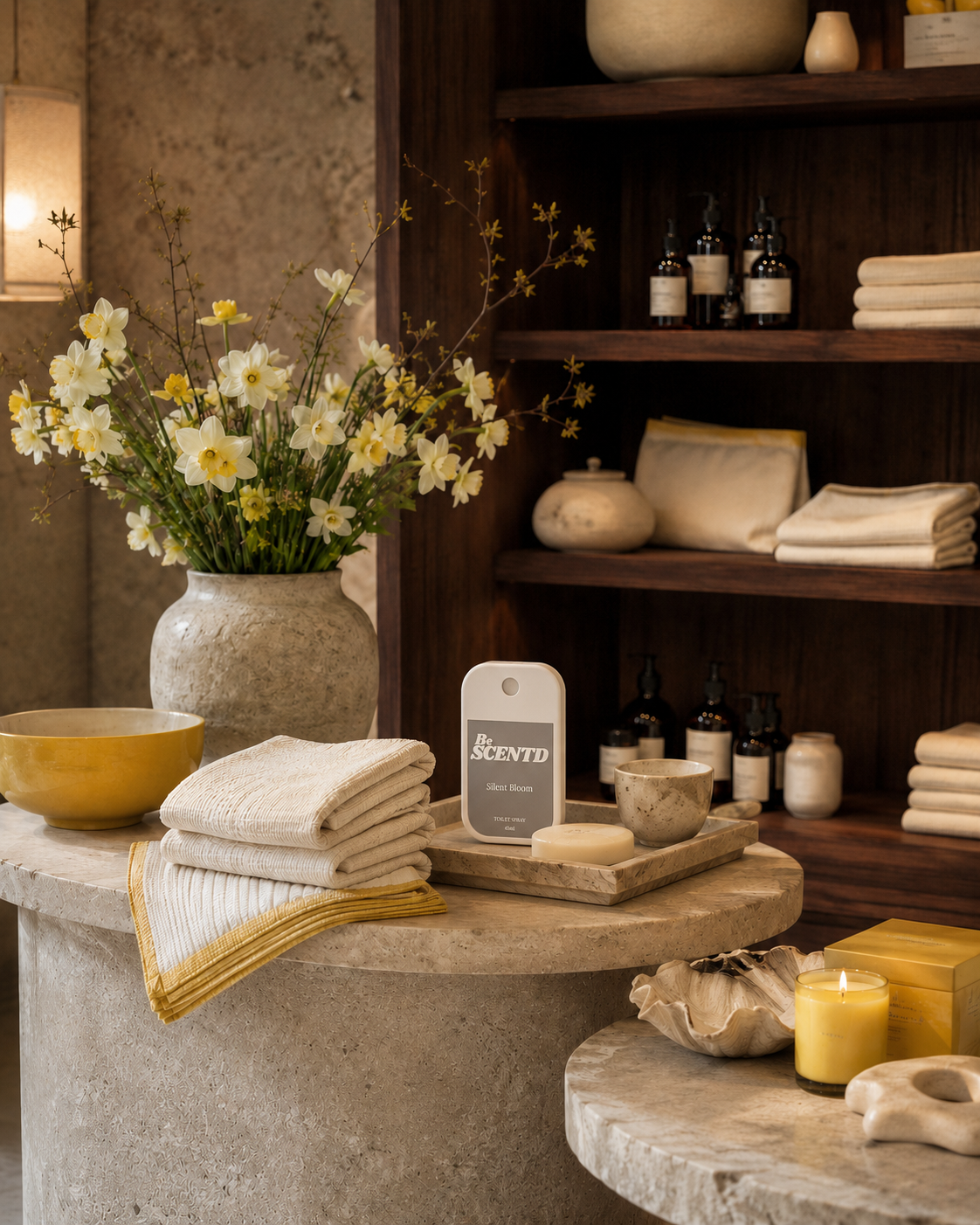 A styled spa-like interior scene with folded cream towels, a yellow flower arrangement in a vase, candles, and shelves of bath products. A small rectangular product box labeled 'BeSCENTD' stands on a stone surface in the foreground.