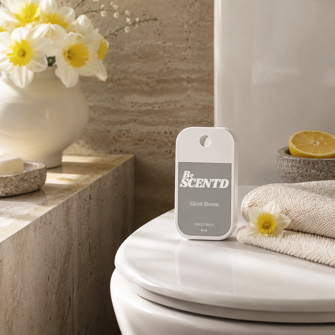 A bathroom scene with a white toilet and a small rectangular fragrance diffuser labeled 'BeSCENTD Silent Bloom' placed on the toilet lid. A folded cream towel with a daisy rests beside it, and a vase of white flowers and a lemon slice sit nearby on the tiled ledge.